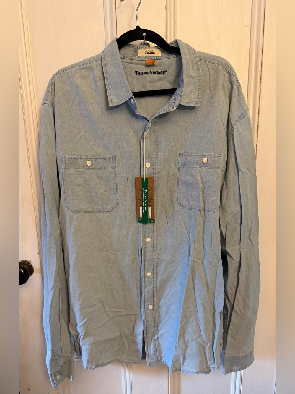 Men’s Tailor Vintage Style Authentic Indigo Cotton Linen Shirt XXL Blue